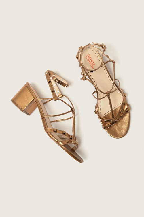 SANDÁLIA GLADIADORA SPIKE SQUARE FORRO DE COURO BRONZE