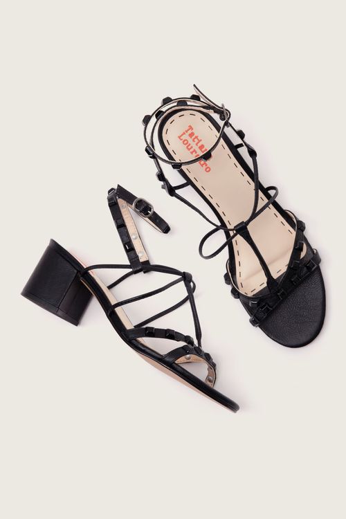 SANDÁLIA GLADIADORA SPIKE SQUARE FORRO DE COURO PRETO