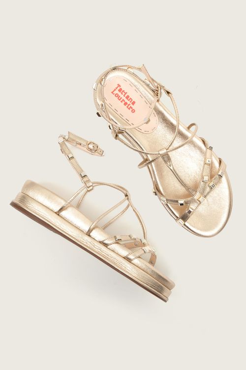 PAPETE GLADIADORA SPIKE SQUARE FLATFORM FORRO DE COURO OURO