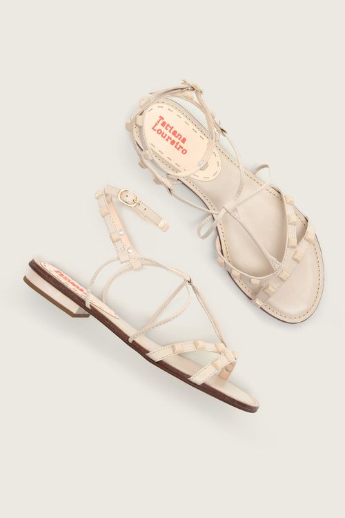 RASTEIRA GLADIADORA SPIKE SQUARE FORRO DE COURO OFF WHITE