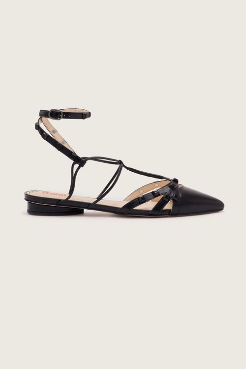 SAPATILHA GLADIADORA SPIKE SQUARE BICO FINO FORRO DE COURO PRETO