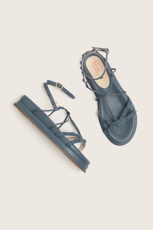 PAPETE GLADIADORA SPIKE SQUARE FLATFORM FORRO DE COURO AZUL DENIM
