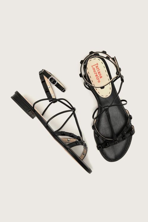 RASTEIRA GLADIADORA SPIKE SQUARE FORRO DE COURO PRETO