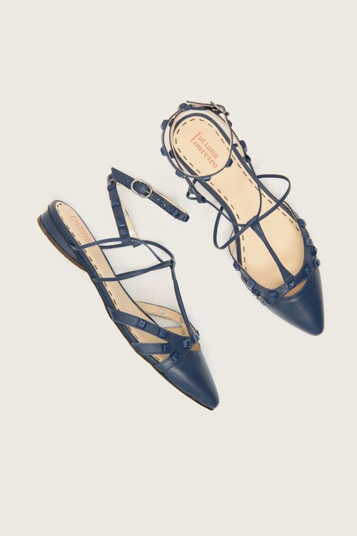 SAPATILHA GLADIADORA SPIKE SQUARE BICO FINO FORRO DE COURO AZUL MARINHO