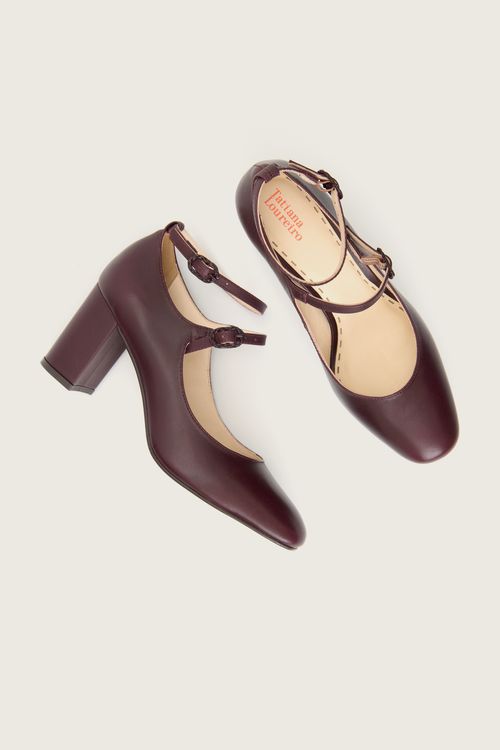 SCARPIN MARRY JANE SALTO BLOCO FORRO DE COURO VINHO