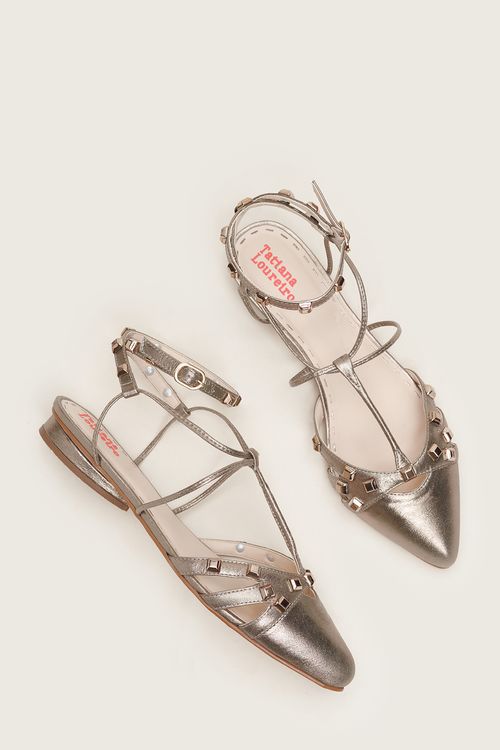 SAPATILHA GLADIADORA SPIKE SQUARE BICO FINO FORRO DE COURO PRATA VELHO