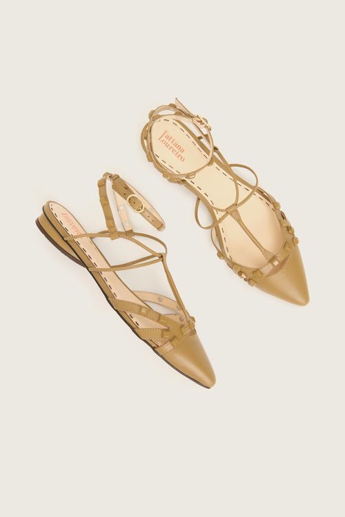 SAPATILHA GLADIADORA SPIKE SQUARE BICO FINO FORRO DE COURO CAQUI