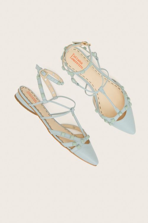 SAPATILHA GLADIADORA SPIKE SQUARE BICO FINO FORRO DE COURO AZUL CLARO