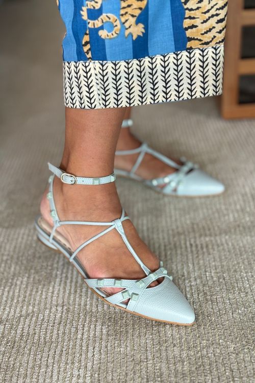 SAPATILHA GLADIADORA SPIKE SQUARE BICO FINO FORRO DE COURO AZUL CLARO