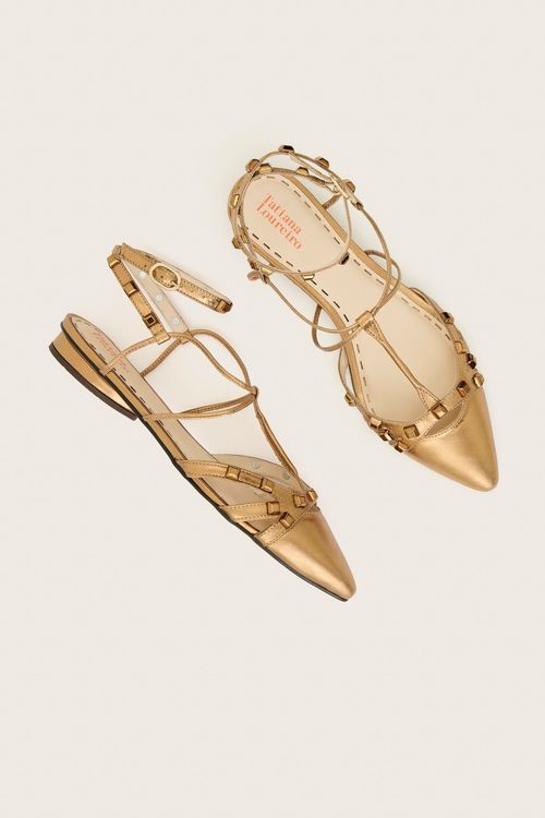 SAPATILHA GLADIADORA SPIKE SQUARE BICO FINO FORRO DE COURO OURO VELHO