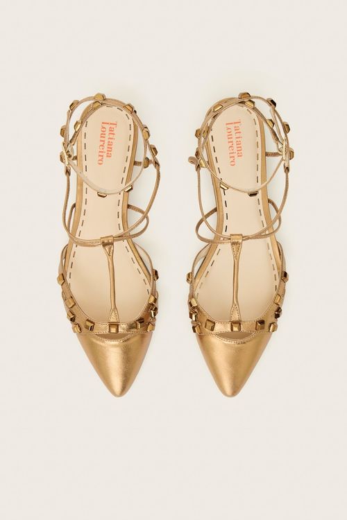 SAPATILHA GLADIADORA SPIKE SQUARE BICO FINO FORRO DE COURO OURO VELHO