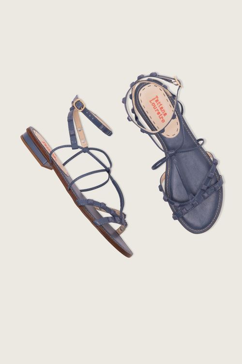 RASTEIRA GLADIADORA SPIKE SQUARE FORRO DE COURO AZUL DENIM