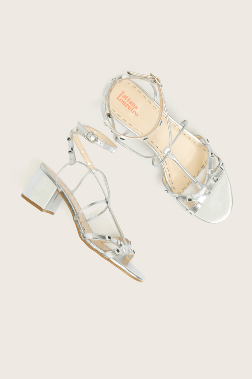 SANDÁLIA GLADIADORA SPIKE SQUARE FORRO DE COURO PRATA