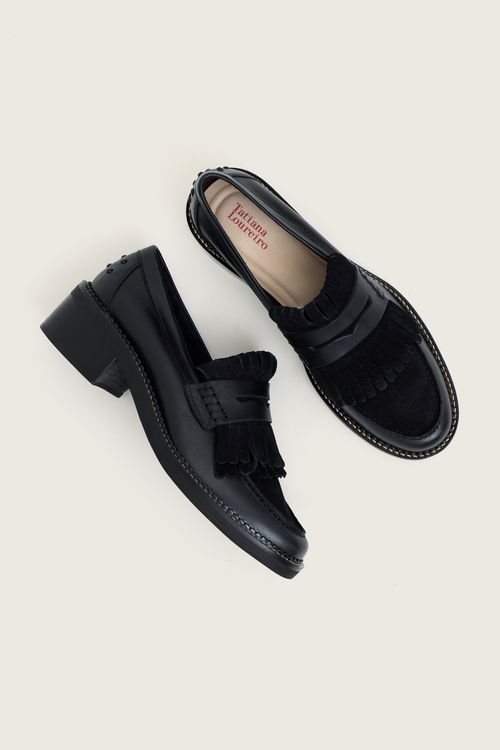 MOCASSIM FRINGE SALTO BLOCO PRETO